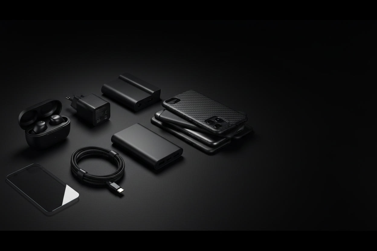 A premium Shopify homepage hero banner for a mobile accessories store. Deep matte black background with modern mobile accessories including wireless earbuds, fast charger adapter, USB Type-C cable, power bank, phone back covers, and screen protector. Products placed in a clean, professional layout with soft shadows and subtle reflections. Dark luxury aesthetic, minimal design, high contrast lighting. Empty space on the right side for headline text and CTA button. Ultra-high resolution, realistic product pho